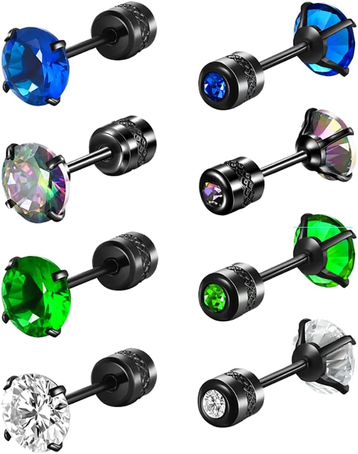SIISPRI 4 Pairs Titanium Screw Back Surgical Stainless Steel Stud Earrings for Women Men 20G. Rainbow 5A Cubic Zirconia Studs Double Side Earrings Piercing Sleeper Studs Jewelry 6mm - Image 1